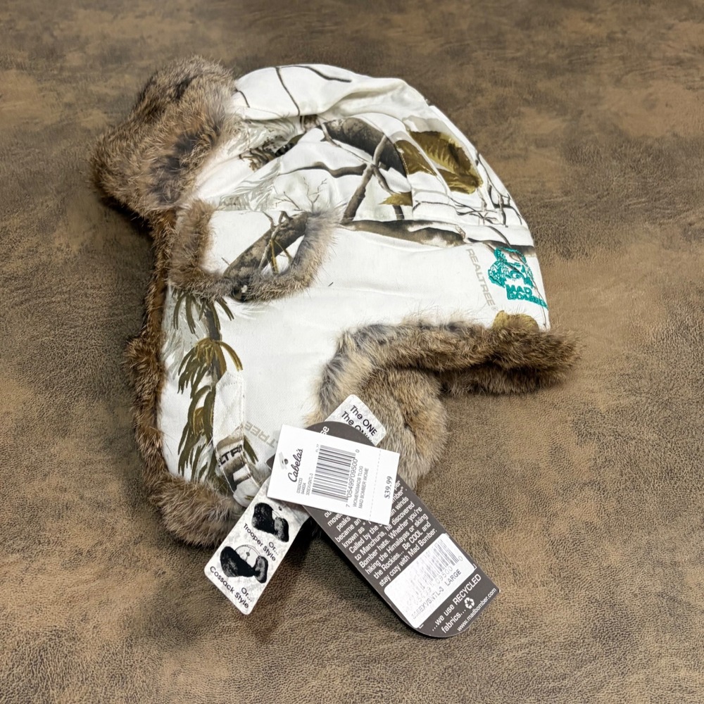 Mad Bomber Trapper Hat Women's Large White Realtree Camo Rabbit Fur Trim